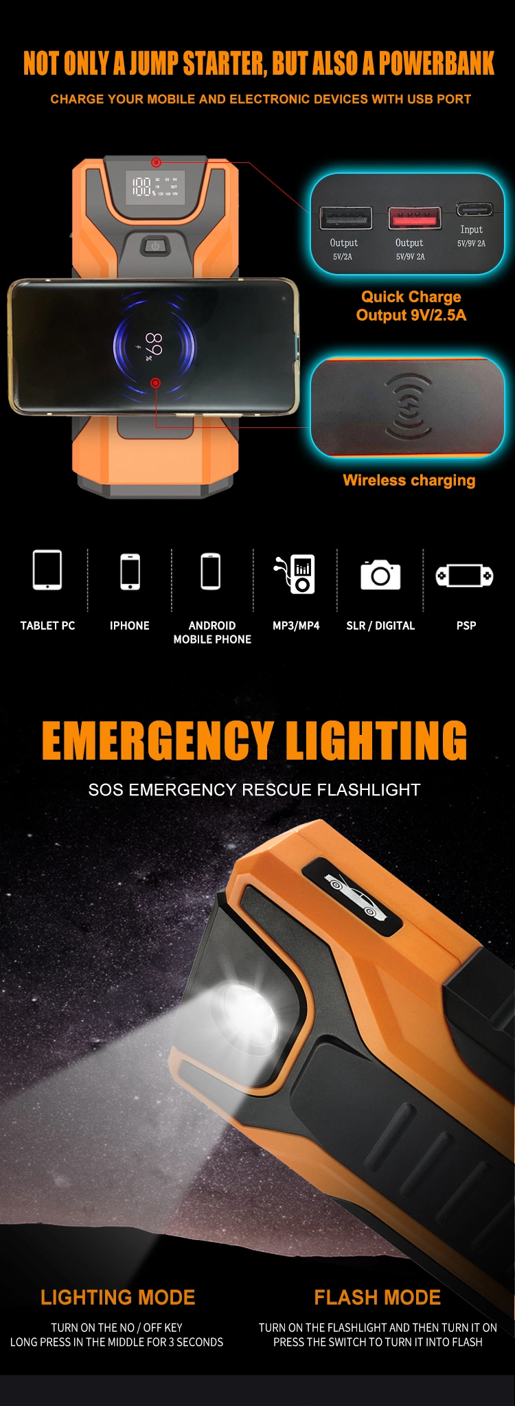 Rechargeable Wireless Charging Power Bank Jumper Battery Booster Car Jump Starter